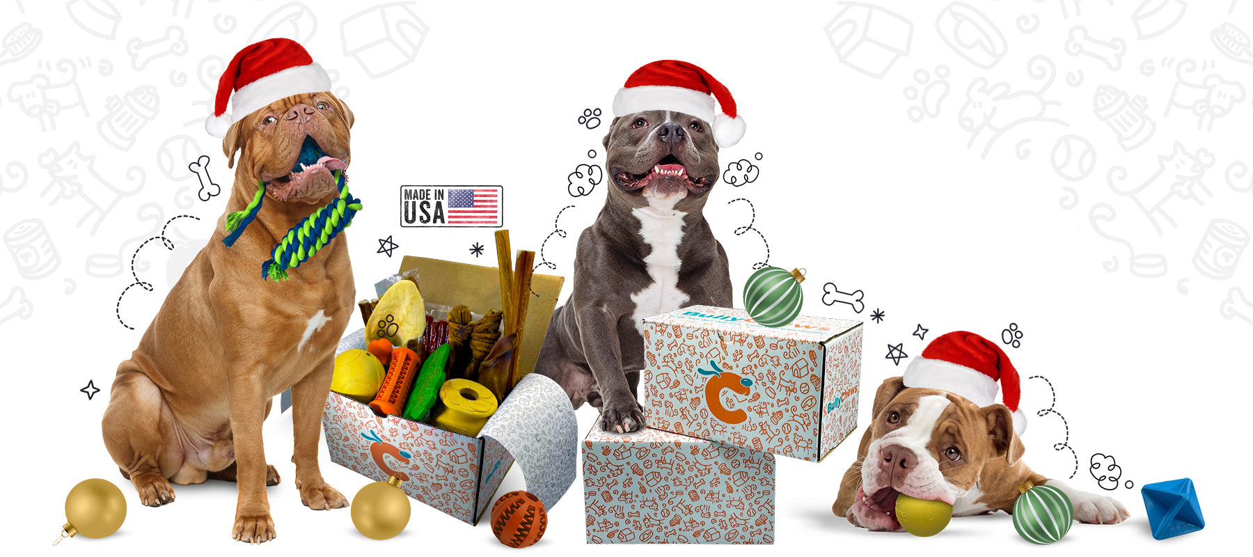 Bullychews fron banner 3 dogs with christmas hats on